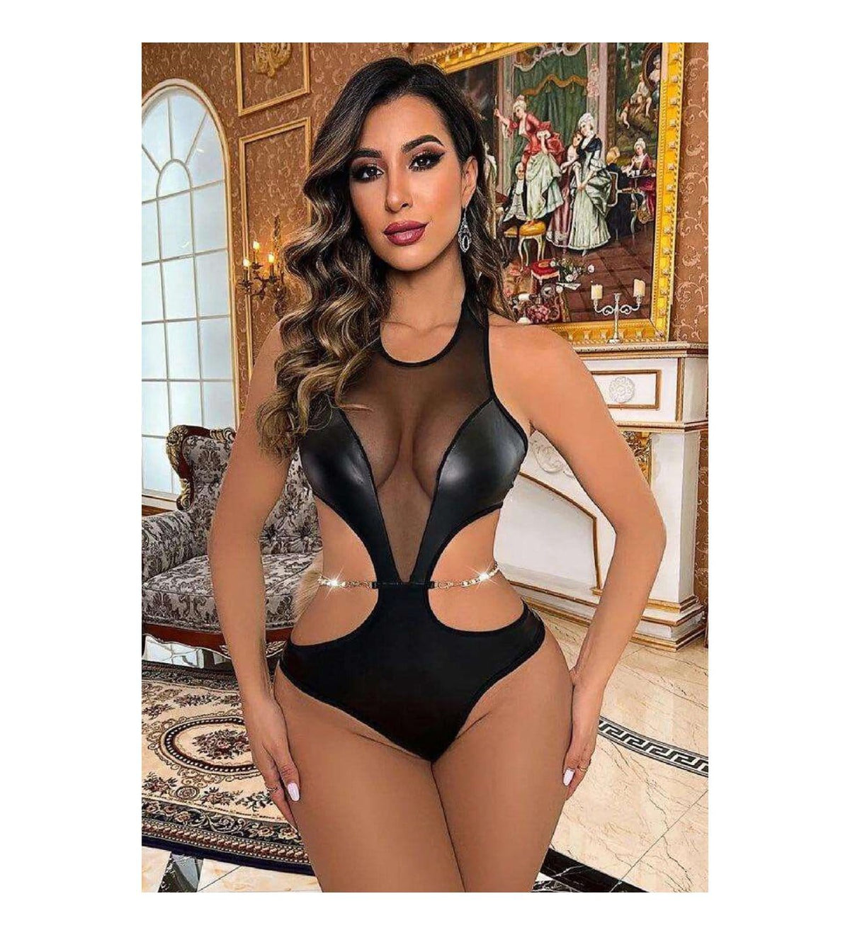 faux leather and mesh cutout teddy bodysuit lingeria