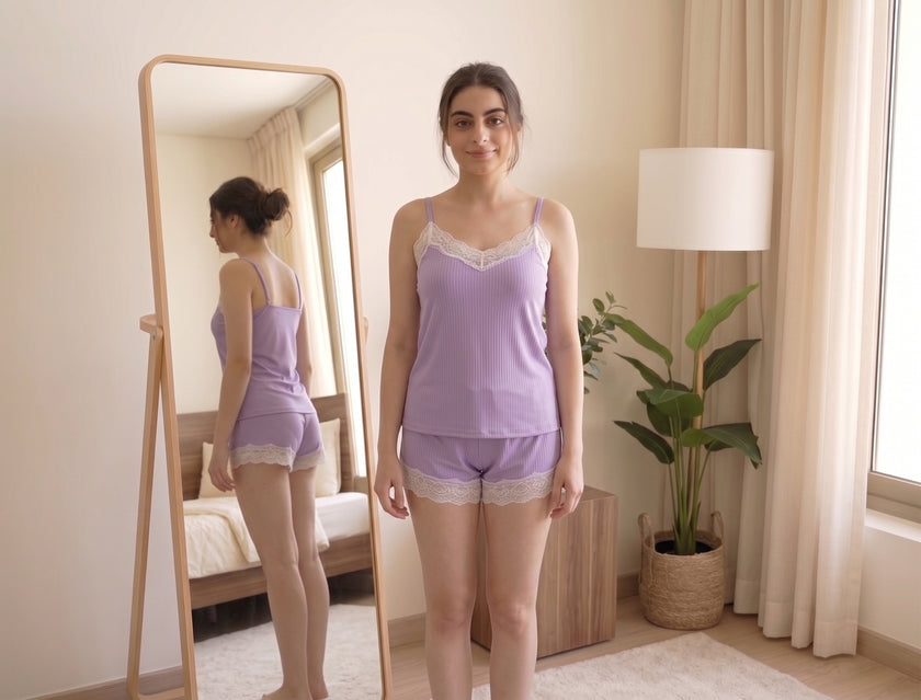 Satin cami and shorts pajama set with lace trim