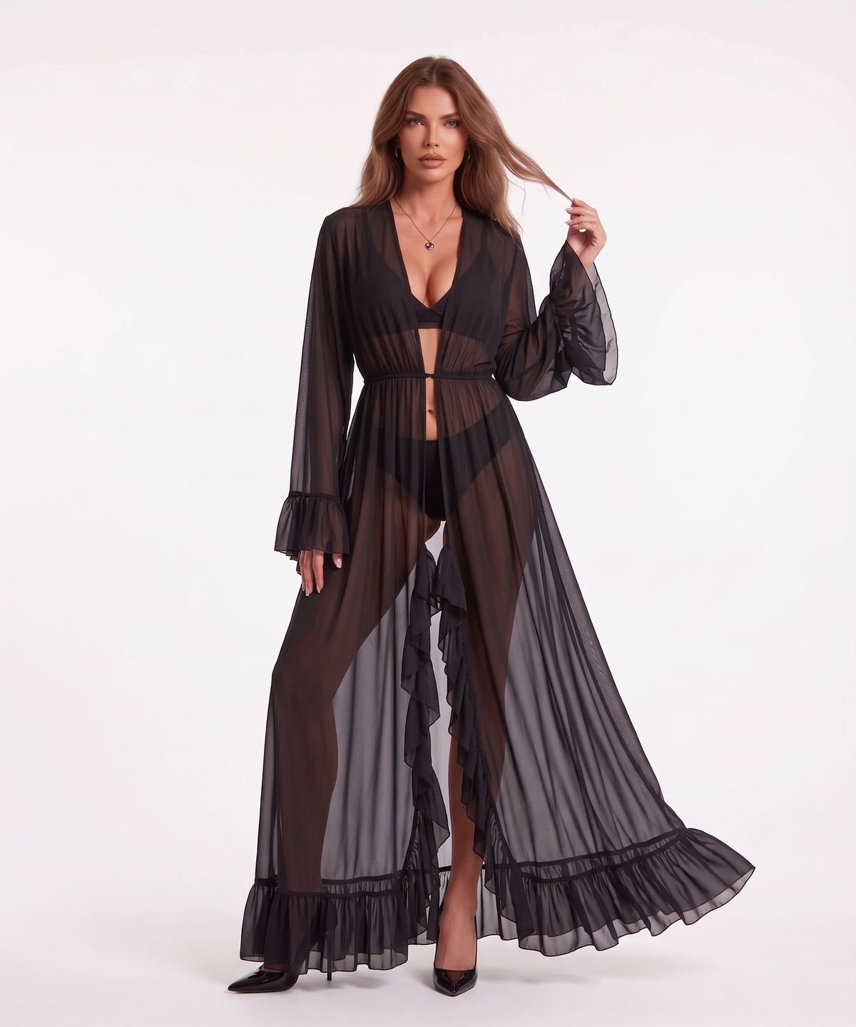 sheer mesh maxi robe with faux fur trim