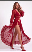 sheer mesh maxi robe with faux fur trim