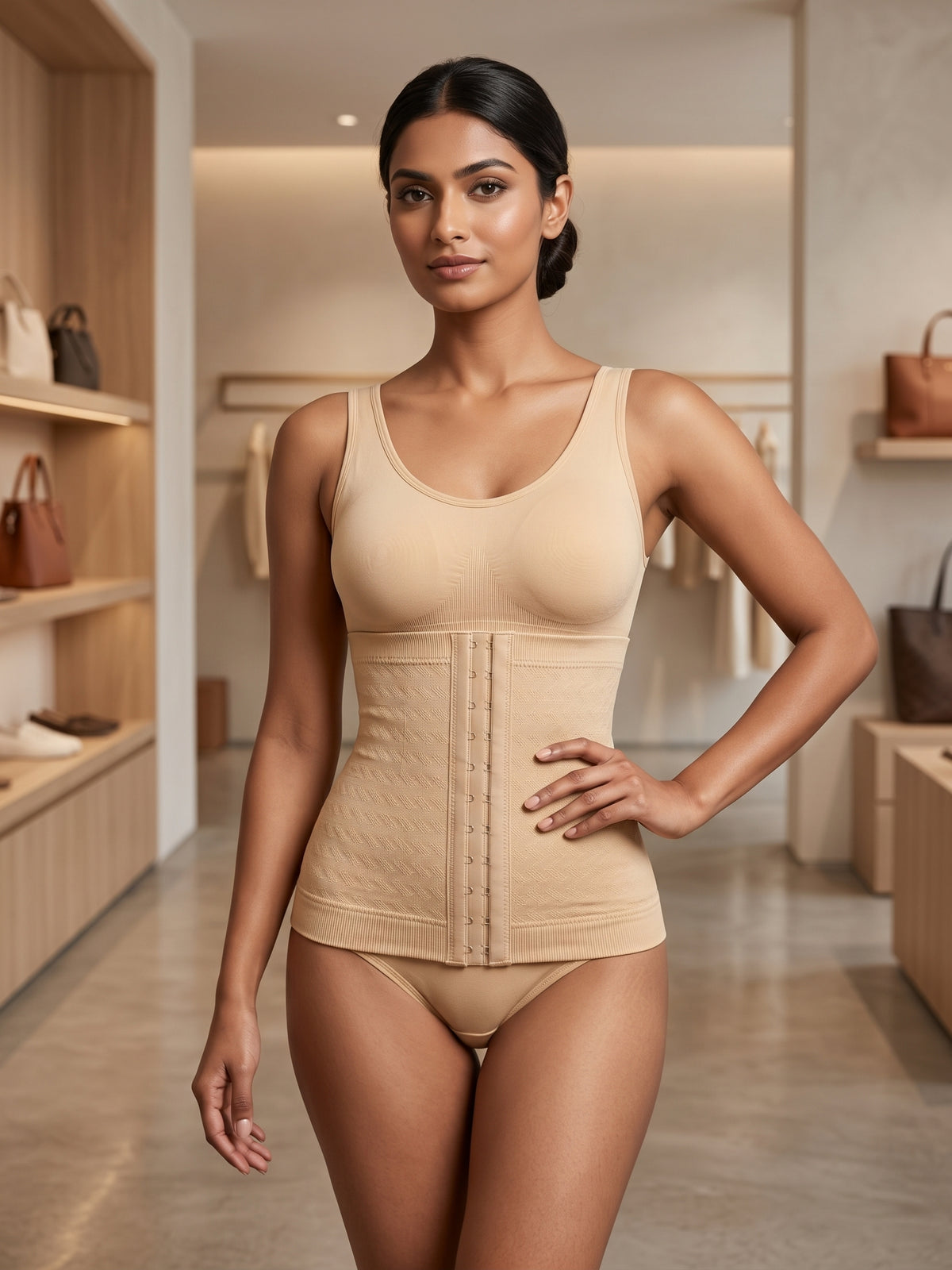 Tummy control shaper with hook and eye closure