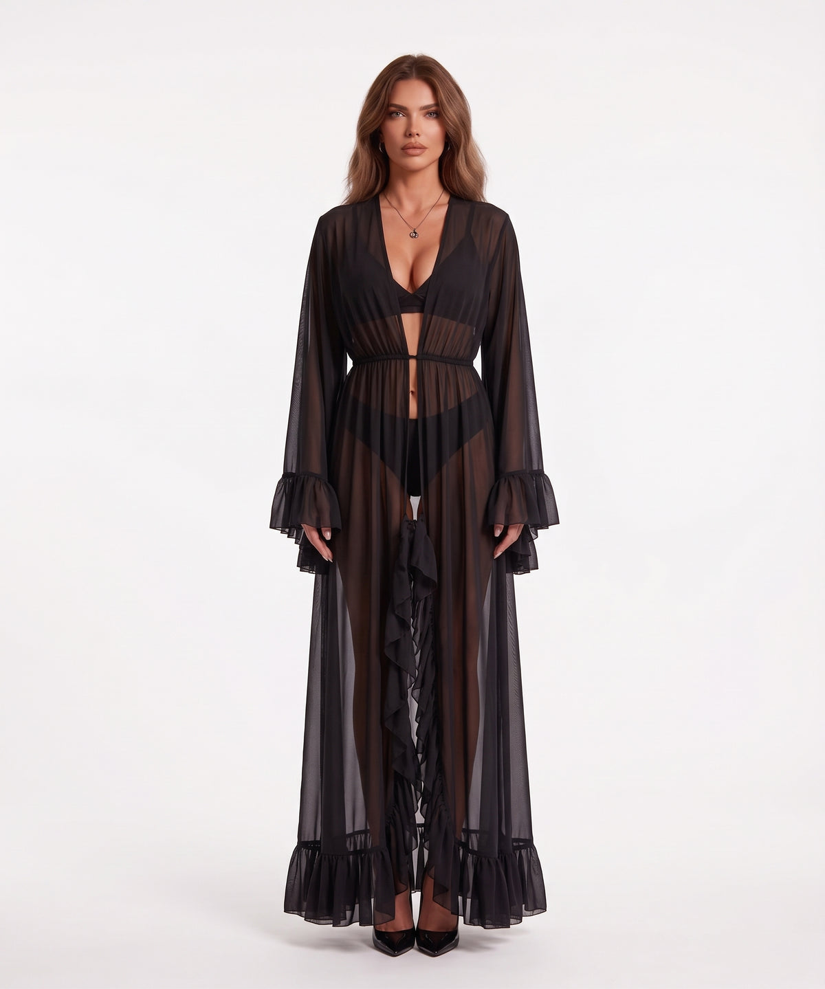 sheer mesh maxi robe with faux fur trim