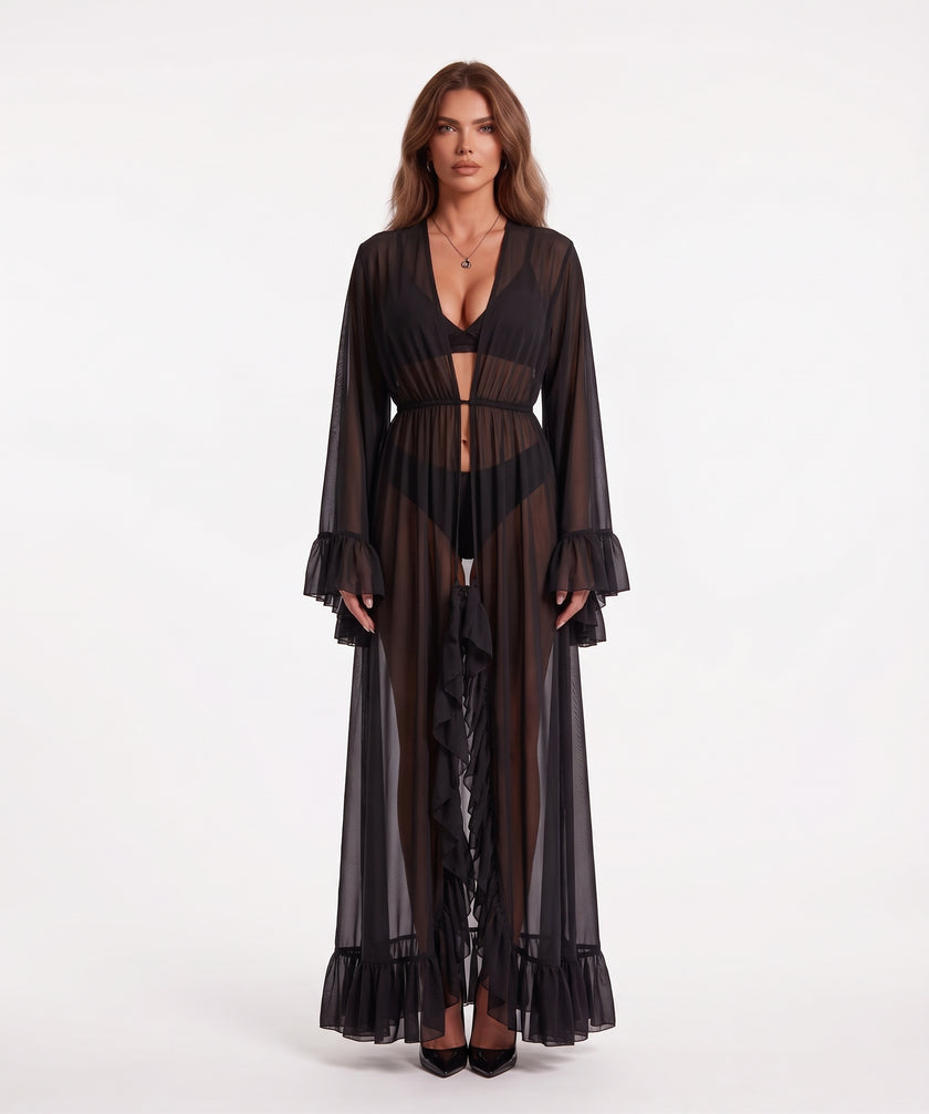 sheer mesh maxi robe with faux fur trim