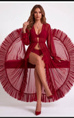 sheer mesh maxi robe with faux fur trim